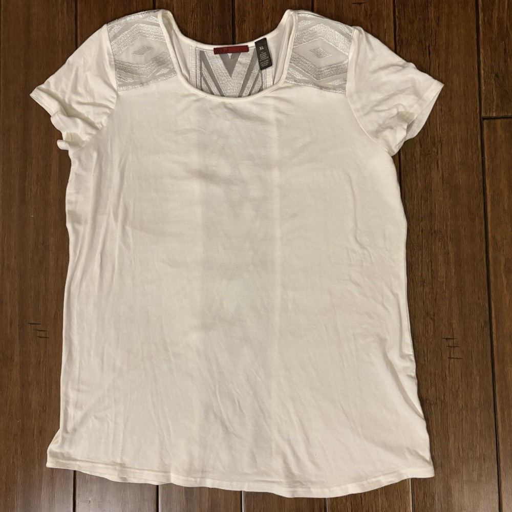 BKE Red Women's XL White Short Sleeve Top Lace Mesh Back Boho Casual Shirt